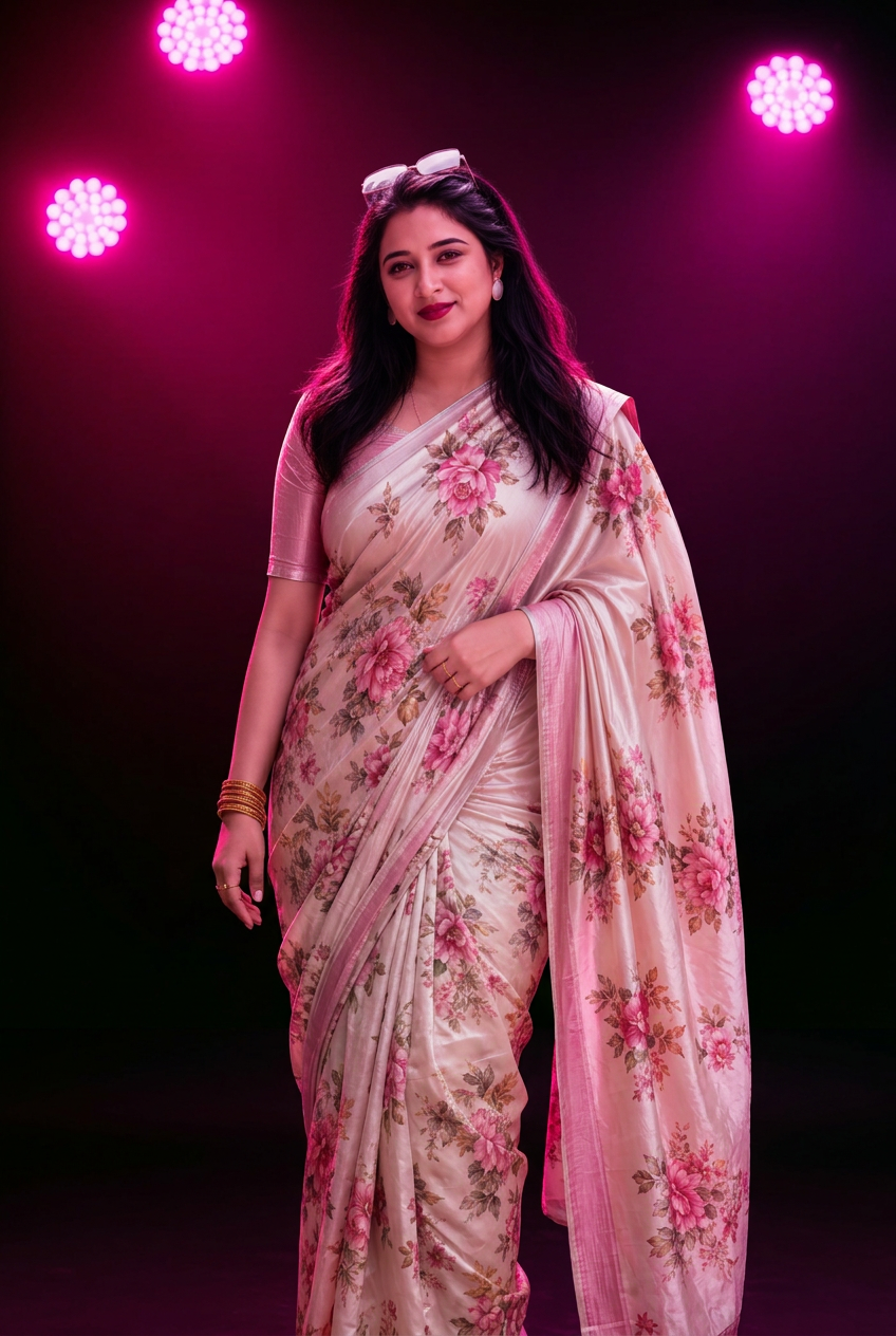 Anaya Kapoor, founder of Crosschic Transformation, in a floral saree under pink studio lights